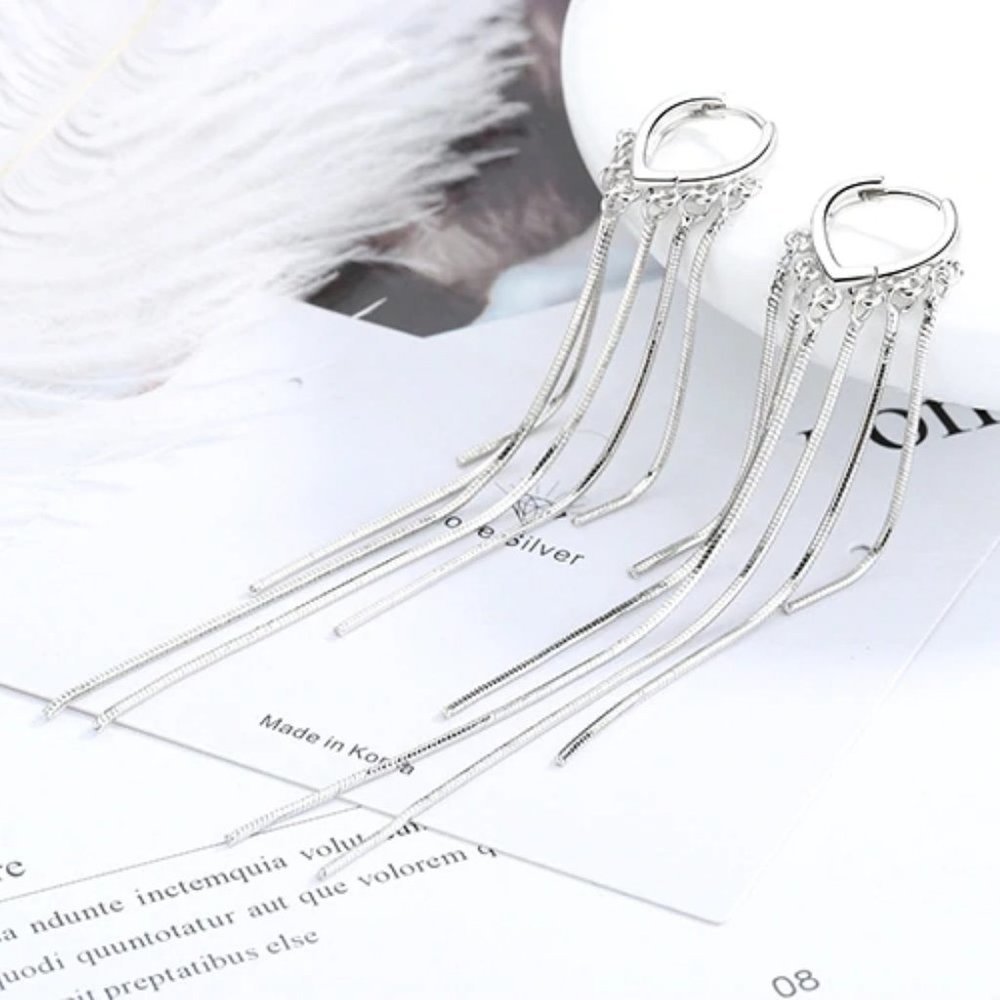 NEW 925 Sterling Silver Tassel Hoop Earrings - Picture 5 of 8